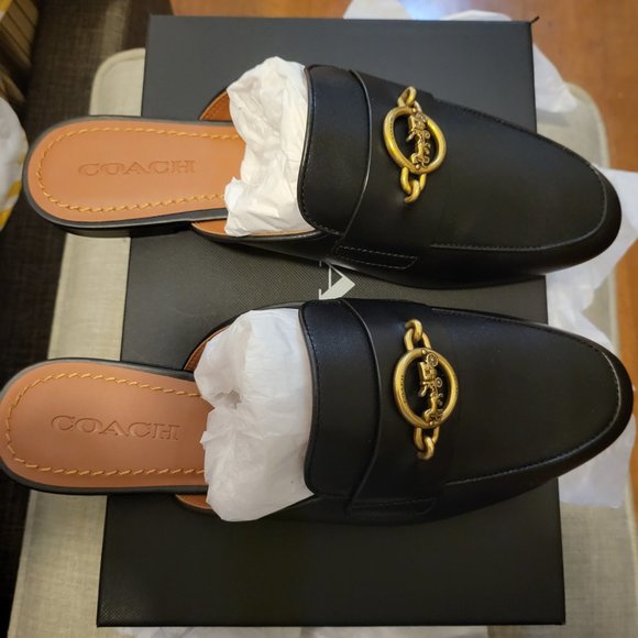 COACH Scotty Leather Slides / Mules in Black with Gold Coach Emblem - Picture 4 of 4